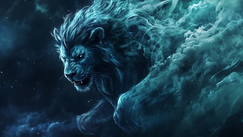 Ethereal blue lion form emerging within turbulent clouds.