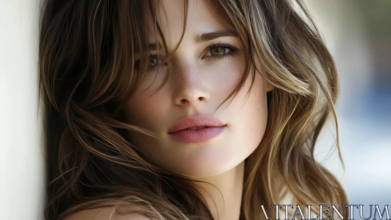 Sunlit gaze and tousled hair frame a quiet cityside reverie.