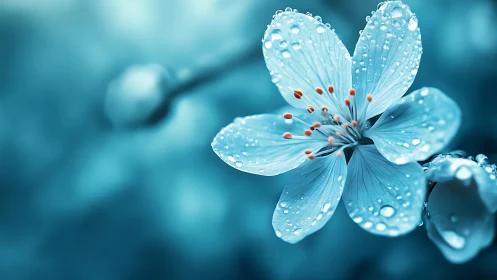 Delicate Flower with Dew Drops in Cool Blue Tone.