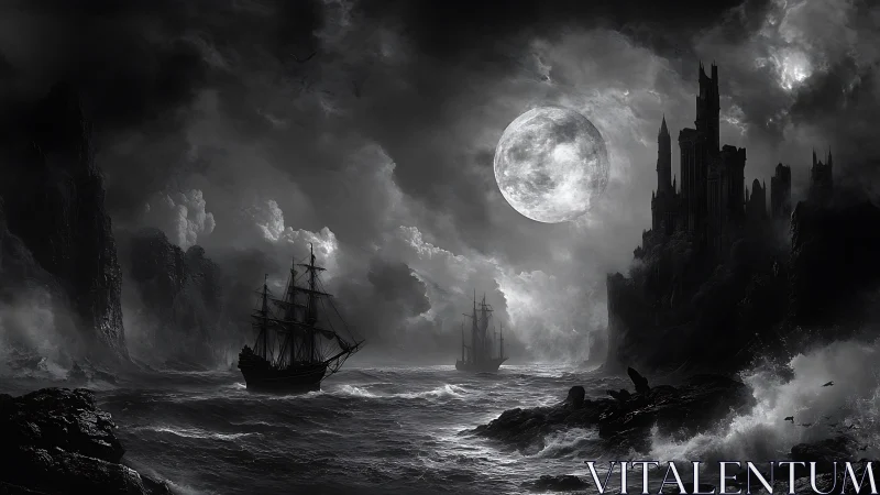 Moonlit ghost ships drifting past a brooding cliff castle.
