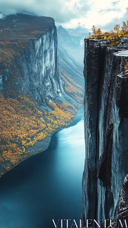 Vertical cliff face overlooks narrow fjord and forested valley