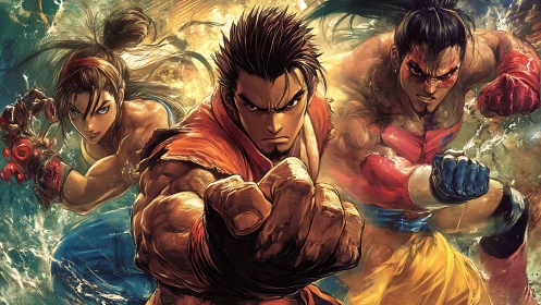 Three martial artists advancing with extended fists forward.