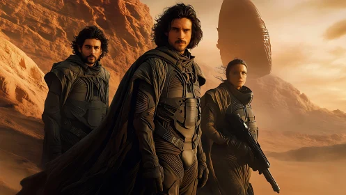 Desert-clad warriors stride forward beneath a looming vessel