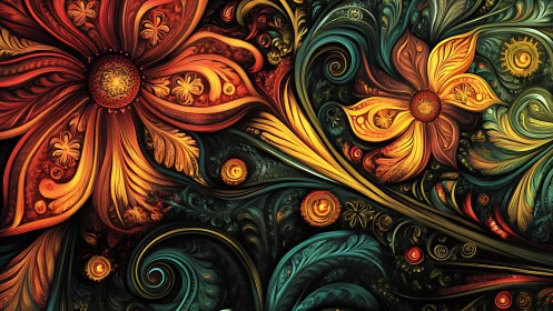 Fiery fractal blossoms swirling through luminous midnight garden.