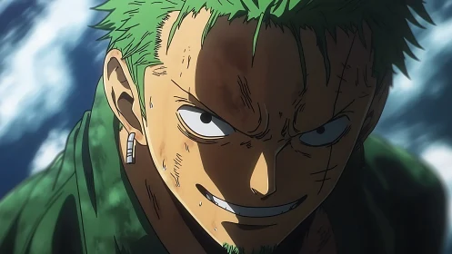Green-haired swordsman glares ahead with fierce resolve.