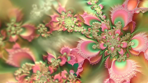 Soft fractal blossoms swirl in dreamy pink and green light