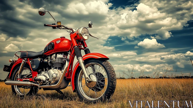 Red vintage motorcycle stands in tall dry grass under clouds