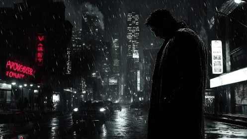 Silhouetted man stands in rainy neon city street at night