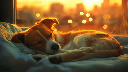 Dog resting on bed near window under warm city sunset light.
