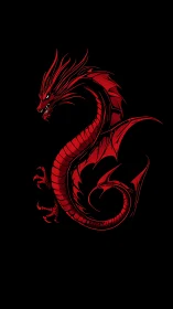 Coiled crimson dragon silhouette uses sharp vector linework on black