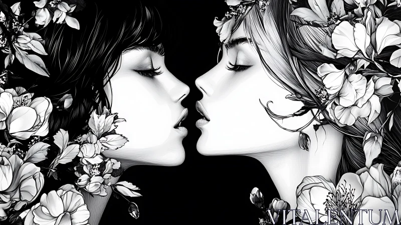 Two Women Facing in Profile with Floral Surroundings