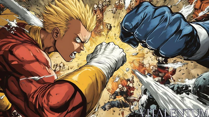 Dynamic anime clash freezes at impact of opposing fists