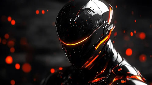 Cyberpunk chrome sentinel with emissive neon edge lighting.