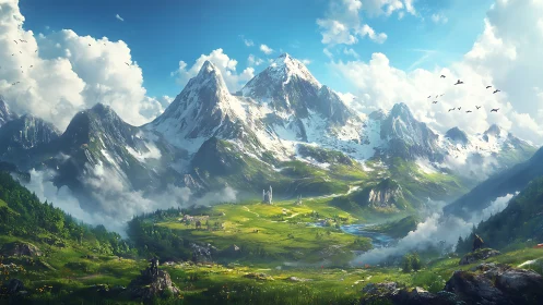 Snowy mountain valley with distant village and river.