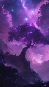 Luminescent tree silhouette under saturated violet nebular sky