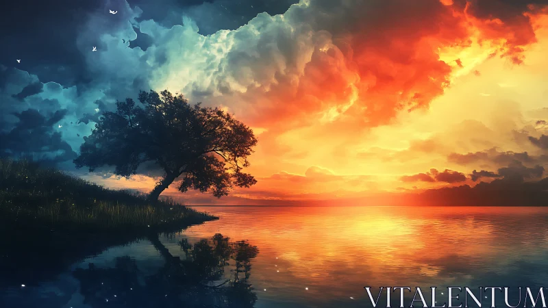 Bicolor sunset sky contrasts lone shoreline tree and mirror lake