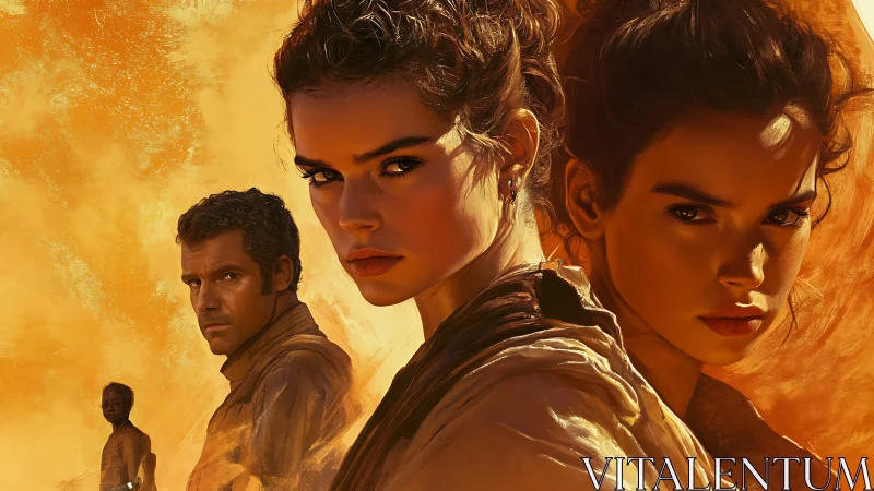 Desert-lit triptych portrait of determined travelers in profile