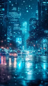 Rain-soaked neon city street glows under cold blue lights