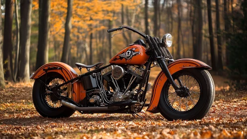 Vintage orange motorcycle stands on leaf-covered forest ground