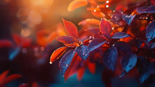 Sunlit raindrops gently glow on vivid autumn leaves