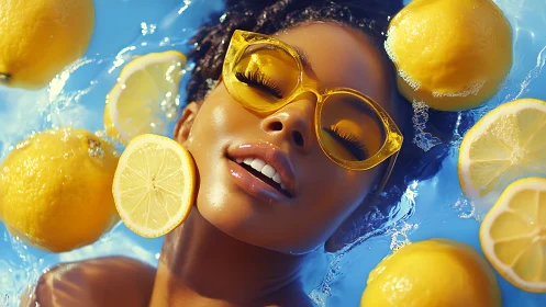 High-saturation close-up portrait in lemon-filled reflective water