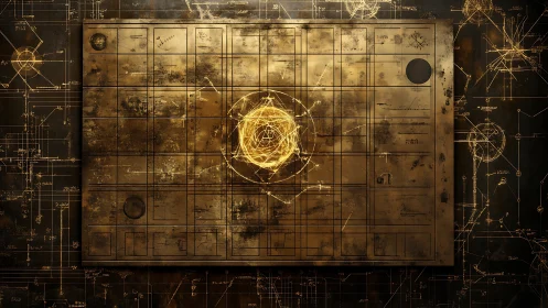 Golden alchemical grid with glowing geometric energy core.
