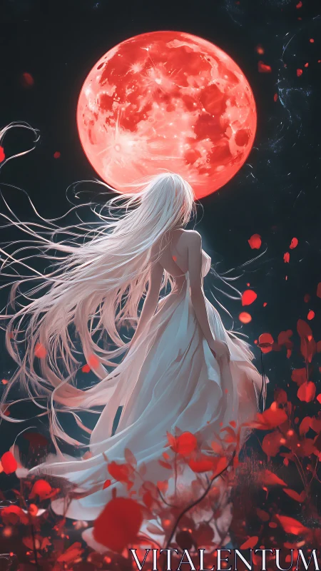 Moonlit maiden calmly greets a glowing crimson night sky