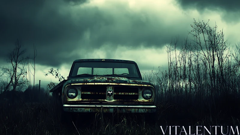 Rust ghost pickup staring down a storm-torn horizon.