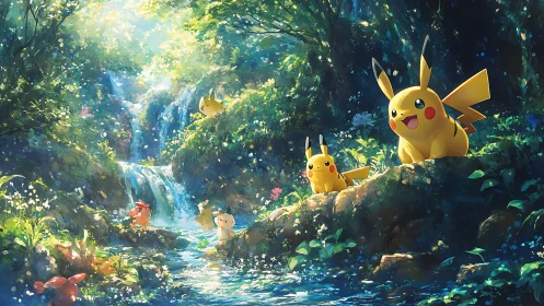 Pokemon characters occupy a dense forest stream environment
