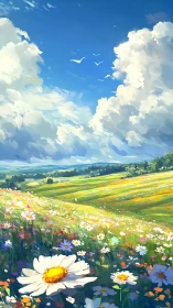 Wide-angle floral meadow under cumulus sky with painterly lighting