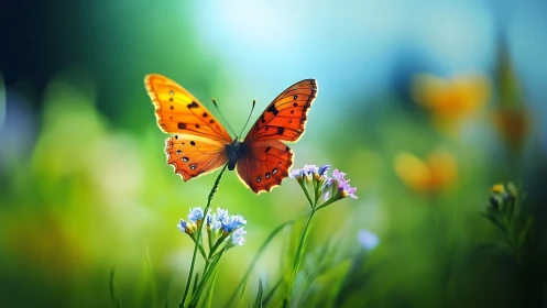 Sunlit orange butterfly poised above a dream-soft meadow.