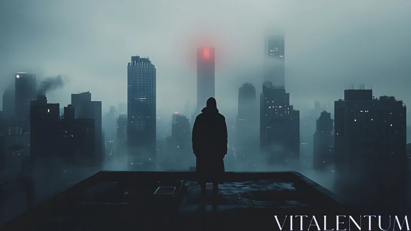 Solitary figure on rooftop above dense foggy cityscape.