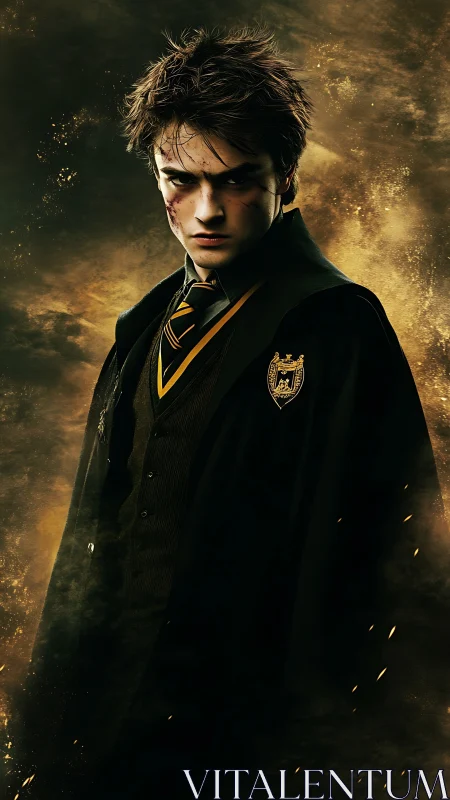 Battle-scarred school sorcerer in smoldering golden gloom.