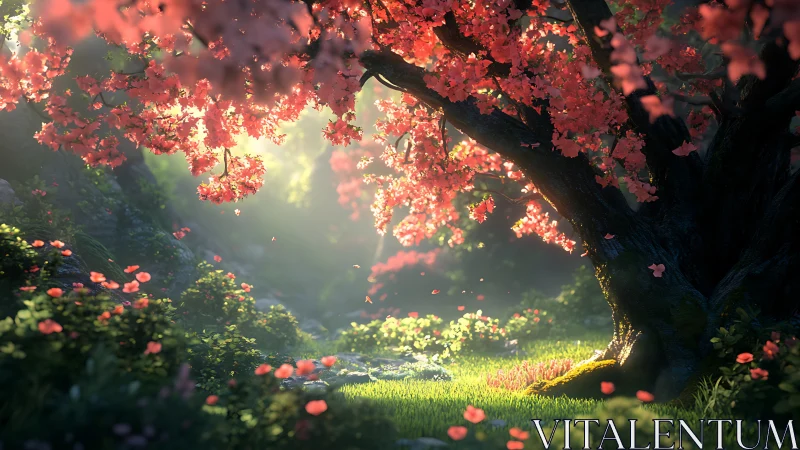 Sunlit cherry tree illuminates tranquil forest clearing