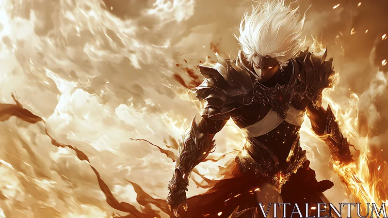 Armored white haired warrior amid swirling fire clouds.