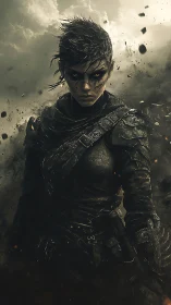 Battle-hardened warrior in tattered armor amid swirling debris.