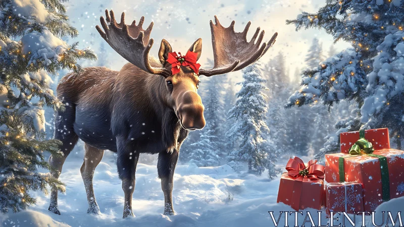 Photorealistic moose with holiday bow in snowy conifer forest
