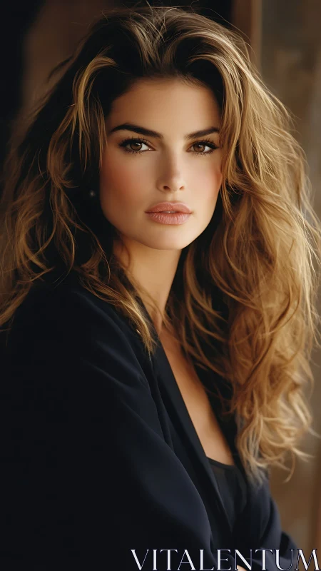 Elegant woman in soft light exudes calm, timeless poise.