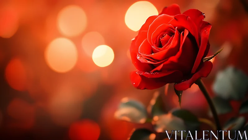 Red rose with dewdrops against warm bokeh background.