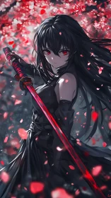Crimson-eyed swordswoman beneath swirling sakura storm.