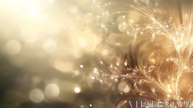 Golden fractal light plumes curve across soft bokeh field