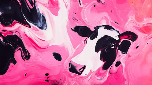 Abstract bovine portrait in swirling pink marbled liquid field