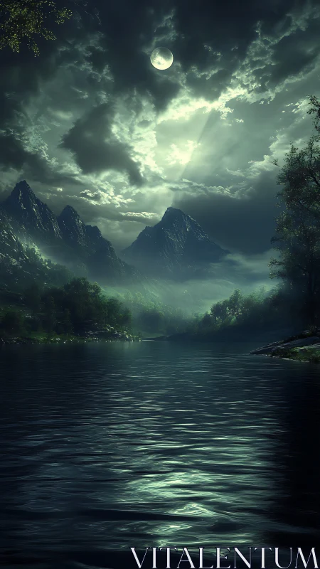 Moonlit mountains and reflective river under dense clouds