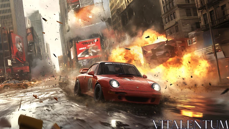 Red street racer slicing through a roaring city firestorm.
