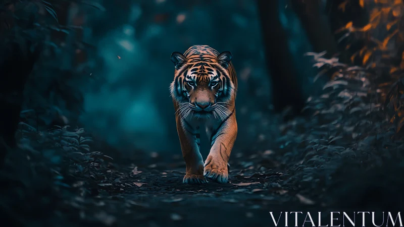 Midnight tiger patrol through teal-shadowed jungle hush.