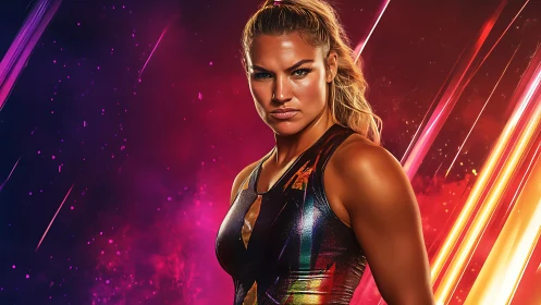 Spectral-lit female athlete in chromatic neon combat portrait.