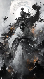 Stoic warrior figure amid smoke, embers, and dark spirits.