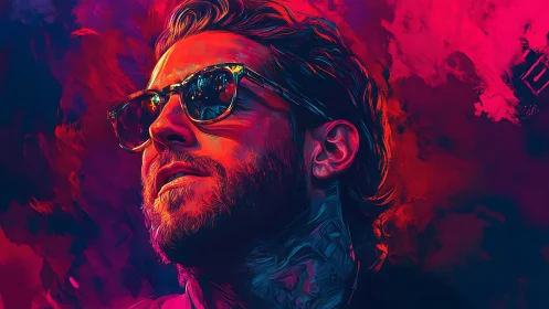Neon-lit bearded man in sunglasses with vivid gradient glow.