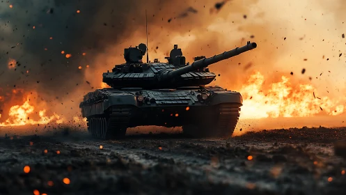 Main battle tank advances through high-intensity firestorm.