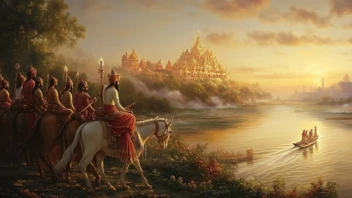 Epic river procession toward golden mythic palace at dusk.